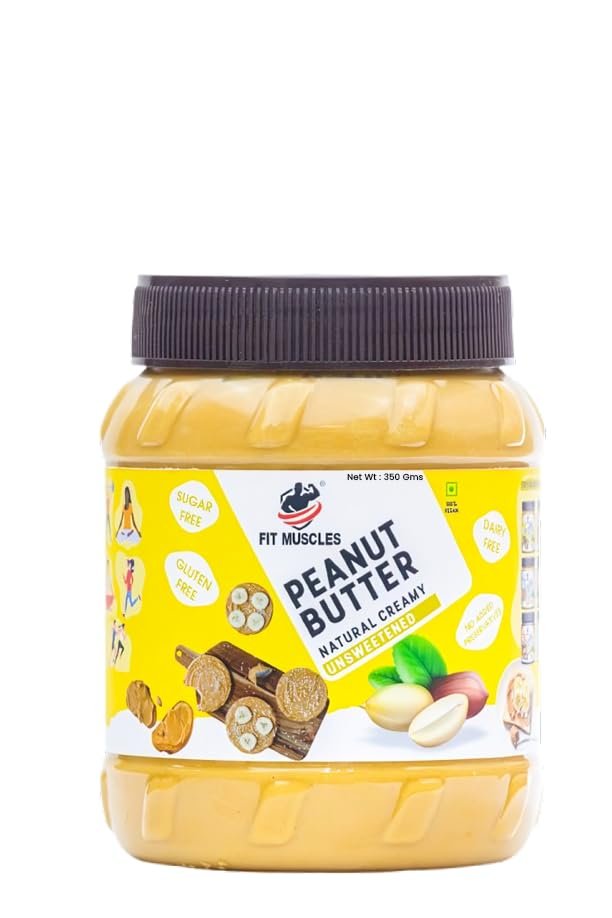 FIT MUSCLES Natural Peanut Butter Creamy, Smooth - Unsweetened, 30g Protein, Gluten & Cholesterol Free, 100% Vegan Peanut Butter, Nut Butter, Rich Protein Diet, Pure Roasted peanuts butter (350 G)