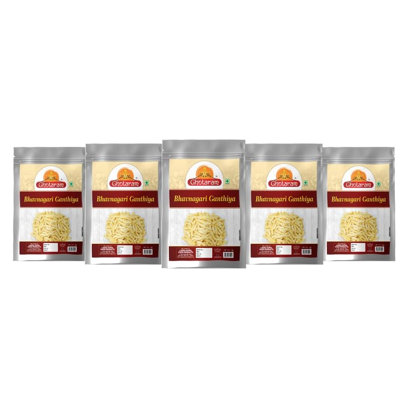 Ghotaram Malwa Suryapur Bhavnagari Gathiya Namkeen | Bhavnagri Gathiya - Fried Gram Flour Sticks, Carom Seeds | Ganthiya Made in Groundnut Oil Festive Favourite Lite Savoury Snack-1Kg*5Pack