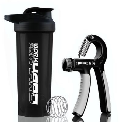 Adjustable Hand Gripper Forearm Exerciser with 500ml Protein Gym Shaker. Protein Bottle/Water Bottle/Forearm Exerciser/Finger Exerciser(Pack of 2) (Grey)