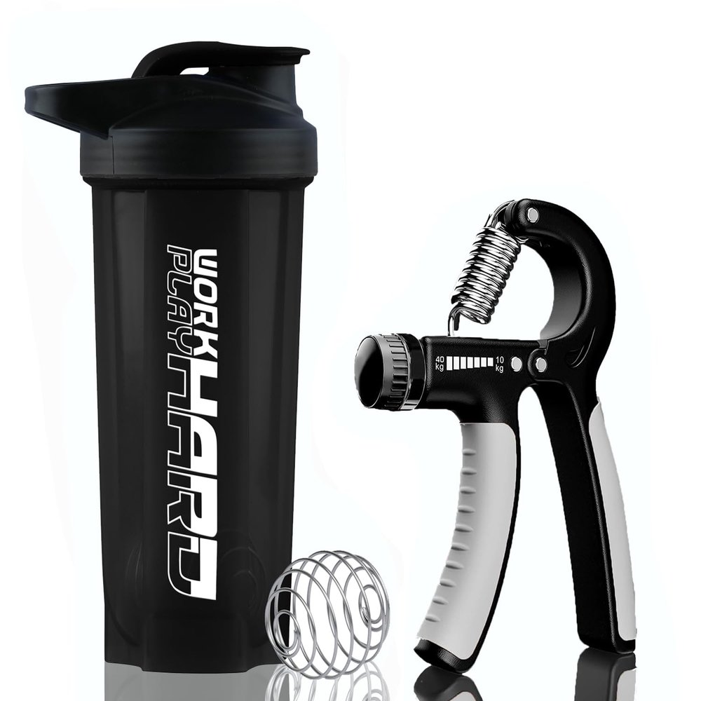 Adjustable Hand Gripper Forearm Exerciser with 500ml Protein Gym Shaker. Protein Bottle/Water Bottle/Forearm Exerciser/Finger Exerciser(Pack of 2) (Grey)