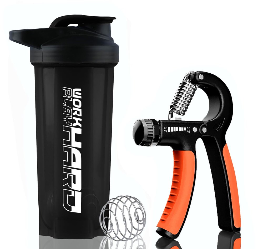 Adjustable Hand Gripper Forearm Exerciser with 500ml Protein Gym Shaker. Protein Bottle/Water Bottle/Forearm Exerciser/Finger Exerciser(Pack of 2) (Orange)