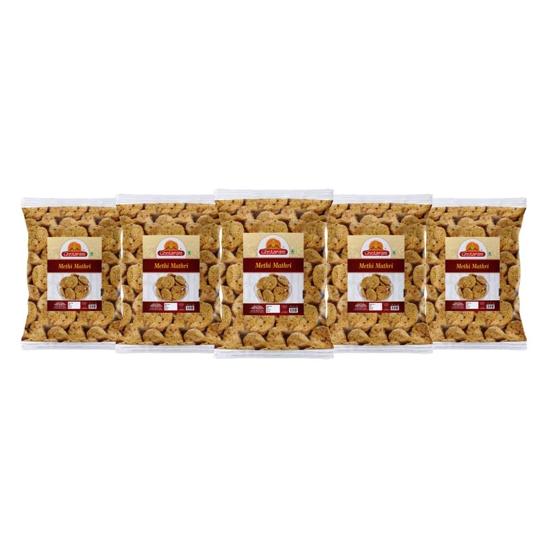 Ghotaram Homemade Rajasthani Crispy Ajwain Methi Mathri Made In Healthy Ground Nut Oil | Ready to Eat Methi Matthi Snacks Chai-Tea Party Snacks | Namkeen Dry Mathri Savoury Sanck-1Kg*5Pack