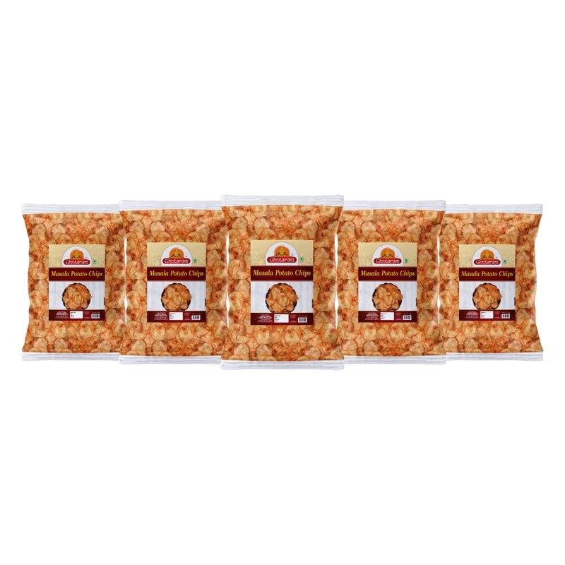 Ghotaram Potato Chips India's Masala Magic Flavour, Crunchy PATTA Chips & Snacks, Party Pack | Masala Patta Wafer | Ready to eat Namkeen Aloo Patta Chips Healthy And Fresh Snack-1Kg*5Pack
