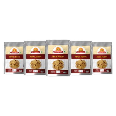 Ghotaram Whole Wheat Ajwain Methi Mathris Wheat Mathri | Ready to Eat Evening Tea Time Snacks | Healthy | Crispy Indian Namkeen Sweet Snacks | Made In Healthy Ground Peanut Oil-850g*5Pack