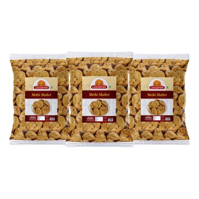 Ghotaram Homemade Rajasthani Crispy Ajwain Methi Mathri Made In Healthy Ground Nut Oil | Ready to Eat Methi Matthi Snacks Chai-Tea Party Snacks | Namkeen Dry Mathri Savoury Sanck-280g*3Pack