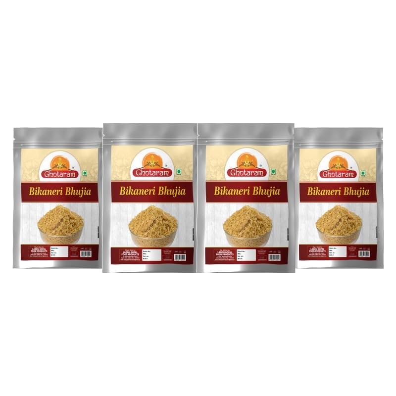 Ghotaram Organic Bikaneri Bhujia Low Fat bikaneri bhujia sev Namkeen with Dew beans,gram flour and indian Spices||All time favourite indian snacks/Namkeen||Ready to eat Namken-1Kg*4Pack