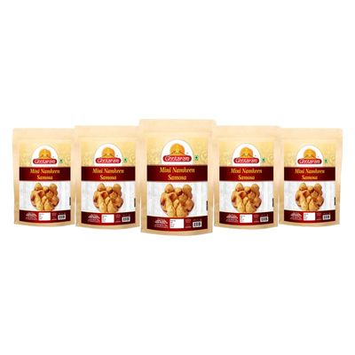 Ghotaram Ready to Eat Snack Mini Samosa Indian Namkeen Nashta | Dal Samosa Baked Roasted Moong Mung Dal Samosa Triangle | Mini Samosa for Evening Tea Time Snack Fry in Peanut oil-1Kg*5Pack