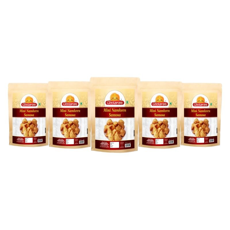 Ghotaram Ready to Eat Snack Mini Samosa Indian Namkeen Nashta | Dal Samosa Baked Roasted Moong Mung Dal Samosa Triangle | Mini Samosa for Evening Tea Time Snack Fry in Peanut oil-1Kg*5Pack