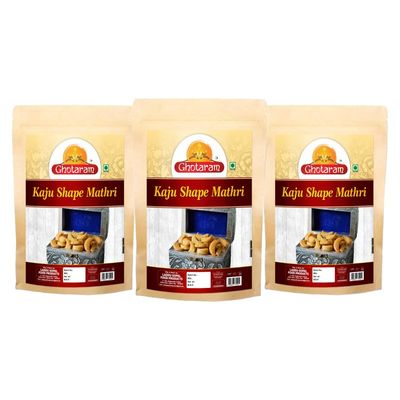 Ghotaram Namkeen Snacks All purpose flour Masala Kaju Mathri Biscuit | Kaju Namkeen Pare | Milk Mathi | Favourite Kaju Shape Papdi Crispy and Delicious Snacks Namkin Ajwain Mathri-280g*3Pack