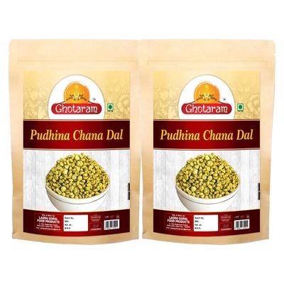 Ghotaram Nimbu Mirchi Pudina Roasted Chana Dal Snack and Namkeen | Roasted Bengal split gram Namkeen Snack | Mint Pudhina Chana dal Munching Namkeen and Snacks for Foodie Indians-1Kg*2Pack