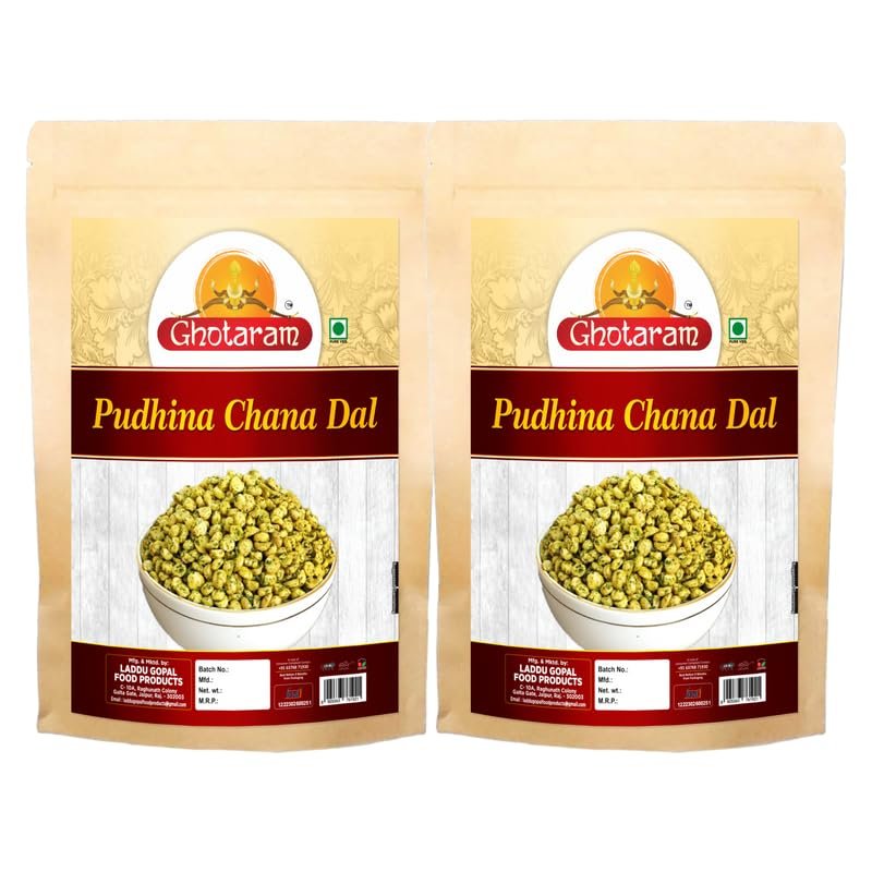 Ghotaram Nimbu Mirchi Pudina Roasted Chana Dal Snack and Namkeen | Roasted Bengal split gram Namkeen Snack | Mint Pudhina Chana dal Munching Namkeen and Snacks for Foodie Indians-1Kg*2Pack