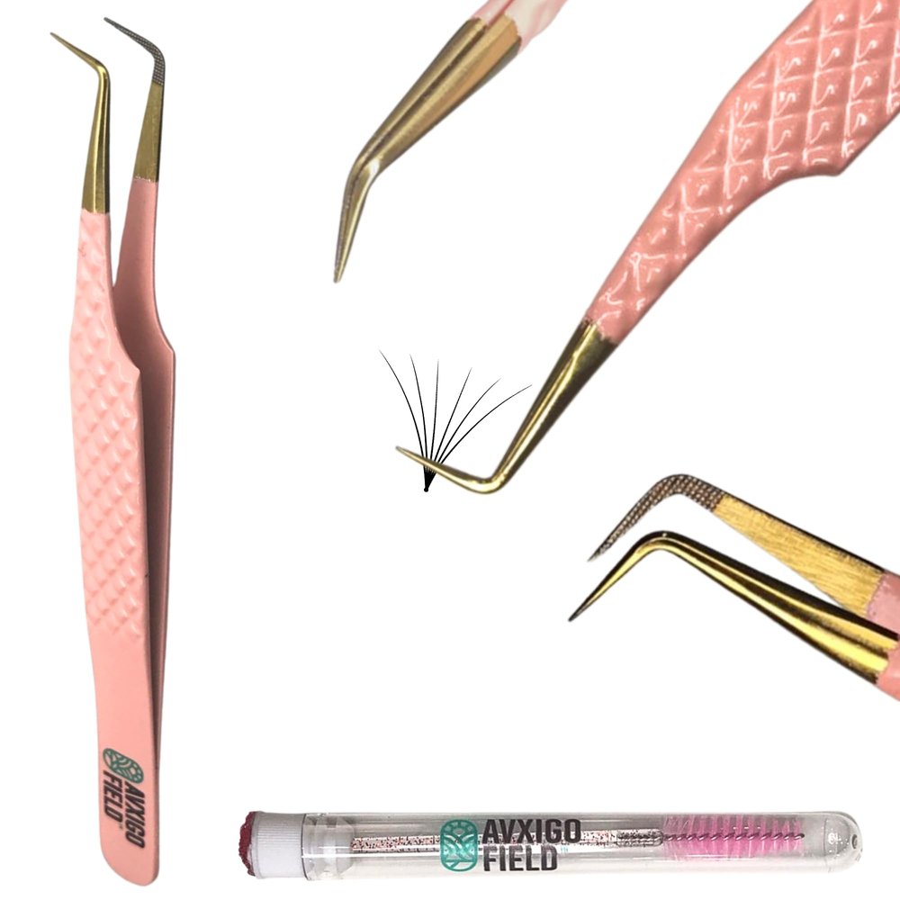 AVXIGO FIELD Professional 90-Degree Precision Tweezer for Eyelash Extensions (Baby Pink), Diamond Grip Fiber Tip Lash Tweezer Stainless Steel - Complete with Mascara Brush, Storage Box and Tube Case