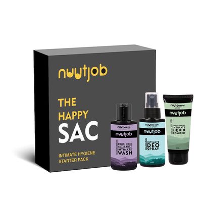 Nuutjob Intimate Hygiene Starter Pack for Men Intimate Deo Spray, Wash & Liquid Powder | No Itch, Odour-Free Freshness | For Daily Use | The Happy Sac | 50 ml | 3 in1 kit
