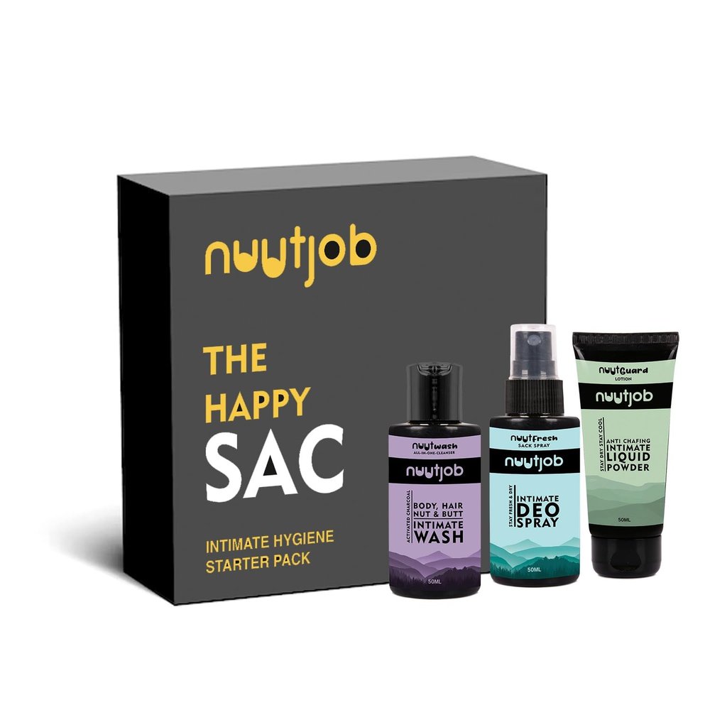 Nuutjob Intimate Hygiene Starter Pack for Men Intimate Deo Spray, Wash & Liquid Powder | No Itch, Odour-Free Freshness | For Daily Use | The Happy Sac | 50 ml | 3 in1 kit