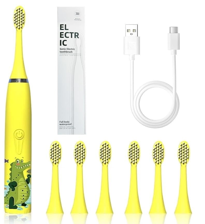 Bioline Kids Children Electric Automatic Toothbrush Kit With 6 Brushes, 4 Modes Of Cleaning Crocodile Green Cartoon Animals Tooth Cleaner Set Oral Care Electric Toothbrush tools For Age 3-15 Years
