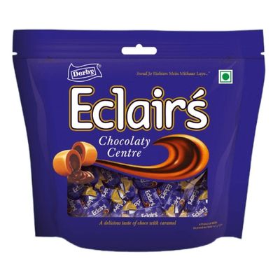 Derby Caramel Eclair Standy Pouch | 450 Grams | Chocolaty Center Filled Caramel Eclair | Easy To Store Pack | (4)