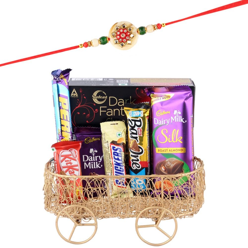 SFU E Com Combo Of Chocolates With Yummy Dark Fantsy Choco Fills | Rakhi Chocolate for Brother | Jadtar Rakhi With Chocolates | Roli, Chawal, Chandan, Misri | 683