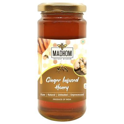 Madhom - Ginger Infused Honey - 350gm | 100% Pure & Natural Raw Honey | Honey Infused with Fresh Ginger Extracts | No Sugar Added | Raw, Unprocessed Honey (Ginger Infused Honey)