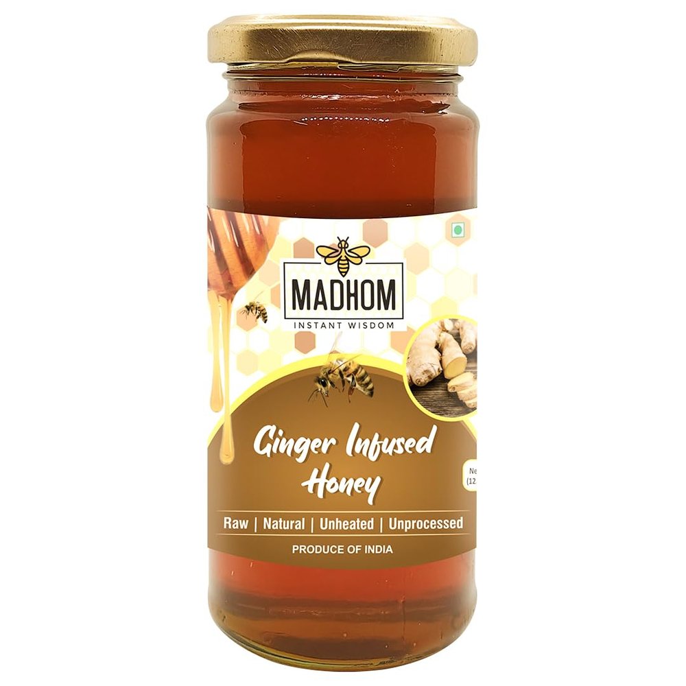 Madhom - Ginger Infused Honey - 350gm | 100% Pure & Natural Raw Honey | Honey Infused with Fresh Ginger Extracts | No Sugar Added | Raw, Unprocessed Honey (Ginger Infused Honey)