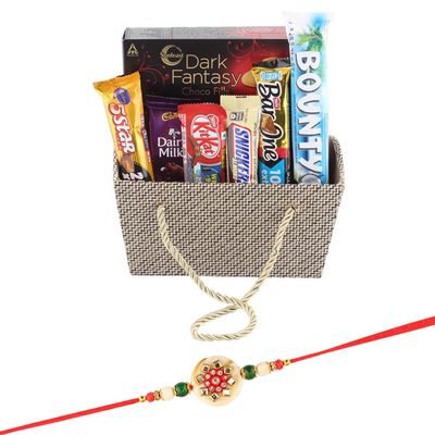 SFU E Com Bounty Coconut Chocolate With Premium Basket | Rakhi Chocolate for Brother | Jadtar Rakhi With Chocolates | Roli, Chawal, Chandan, Misri | 825