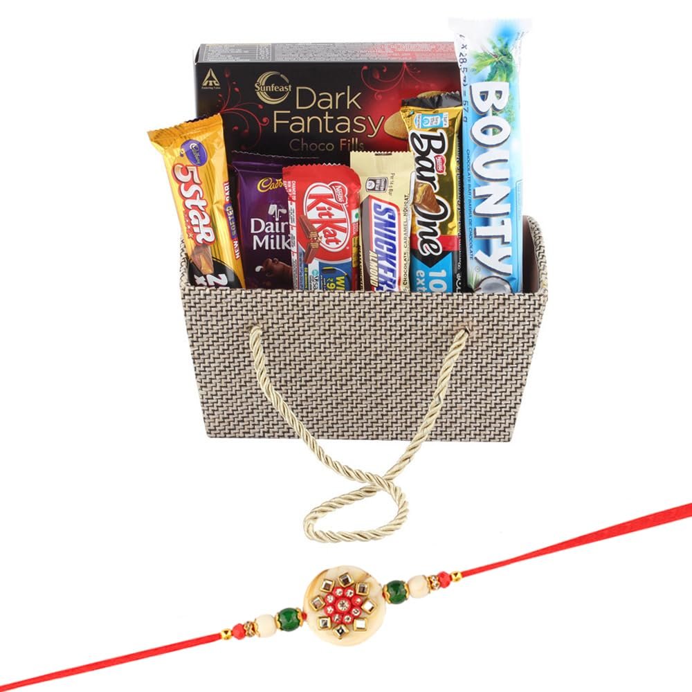 SFU E Com Bounty Coconut Chocolate With Premium Basket | Rakhi Chocolate for Brother | Jadtar Rakhi With Chocolates | Roli, Chawal, Chandan, Misri | 825