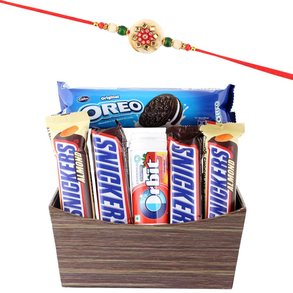 SFU E Com Crearmy Almond Chocolate With Orbit Mixed Fruit Chewing Gum Hamper | Rakhi Chocolate for Brother | Jadtar Rakhi With Chocolates | Roli, Chawal, Chandan, Misri | 1009