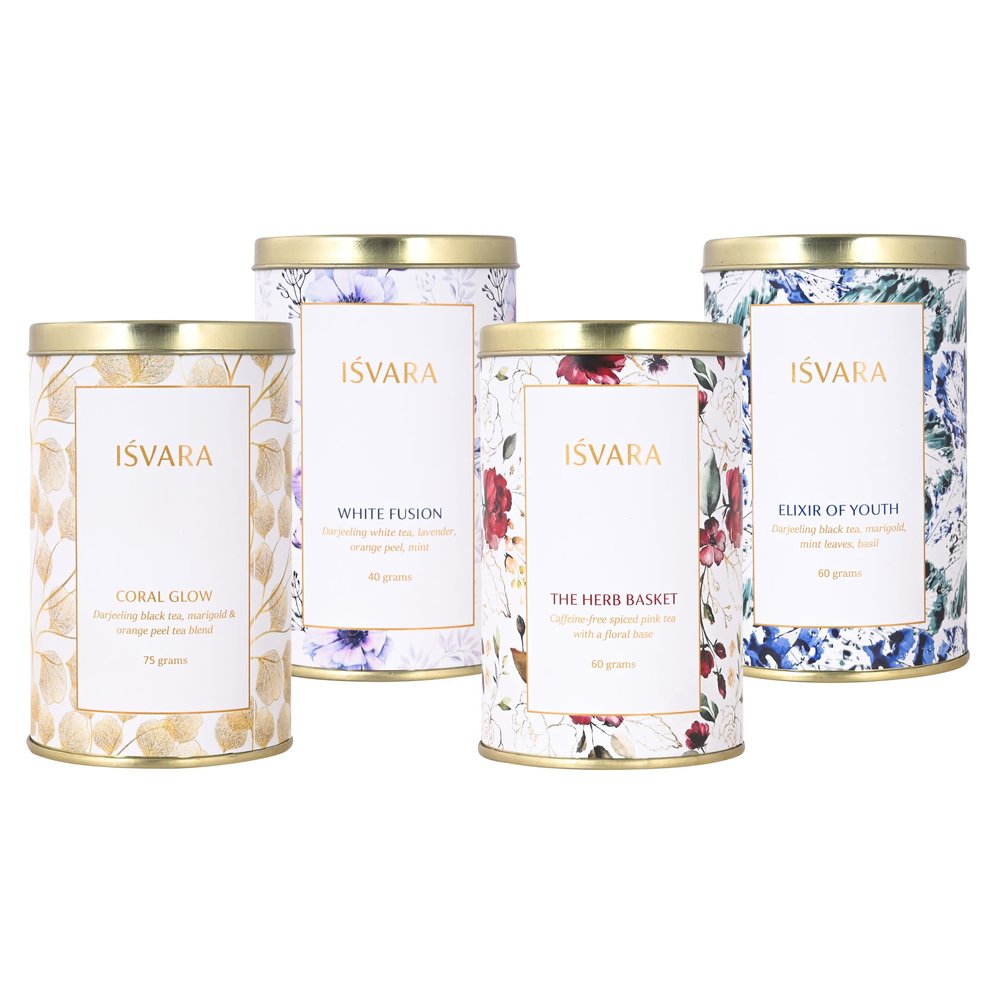 ISVARA TEA BUNDLES | Skincare Teas (Pack of 4 tea tins) | White Fusion, Elixir of Youth, The Herb Basket, Coral Glow | 235gm