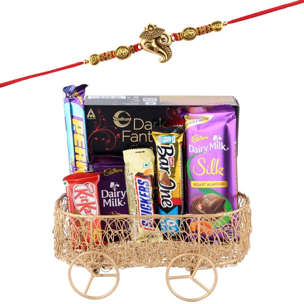 SFU E Com Combo Of Chocolates With Yummy Dark Fantsy Choco Fills | Rakhi Chocolate for Brother | Ganesh ji Rakhi With Chocolates | Roli, Chawal, Chandan, Misri | 683