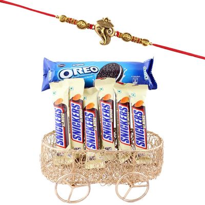 SFU E Com Chocolate Bars With Attaractive Multipurpose Golden Metal Cart | Rakhi Chocolate for Brother | Ganesh ji Rakhi With Chocolates | Roli, Chawal, Chandan, Misri | 945