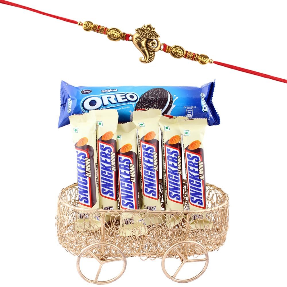 SFU E Com Chocolate Bars With Attaractive Multipurpose Golden Metal Cart | Rakhi Chocolate for Brother | Ganesh ji Rakhi With Chocolates | Roli, Chawal, Chandan, Misri | 945