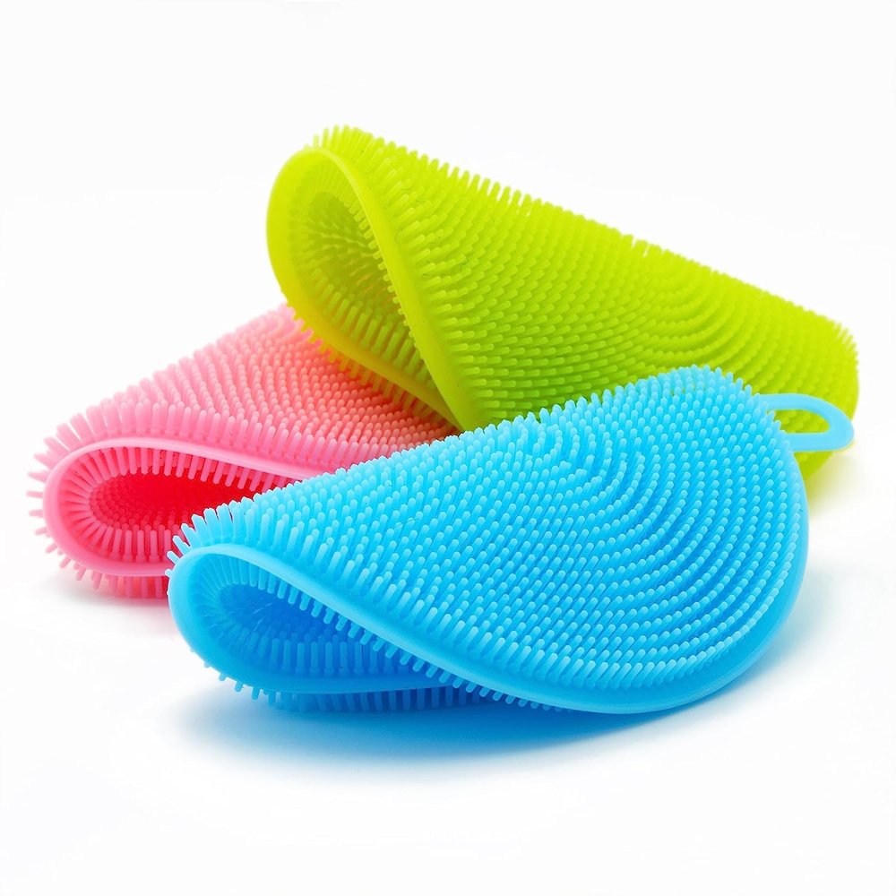 CELLEBII Silicone Scrubber for Kitchen Non Stick Dishwashing pad & Baby Care Product Brush, Fruit and Vegetable Washing Brush Multipurpose Silicone pad(Multicolor, 2pcs) (1)