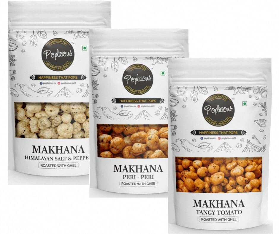 Poplicious Roasted Makhana with Ghee| Phool Makhana, Fox Nut| Pack of 3 (50 g each) Himalayan Salt & Pepper, Peri Peri, Tangy Tomato (Assorted) |