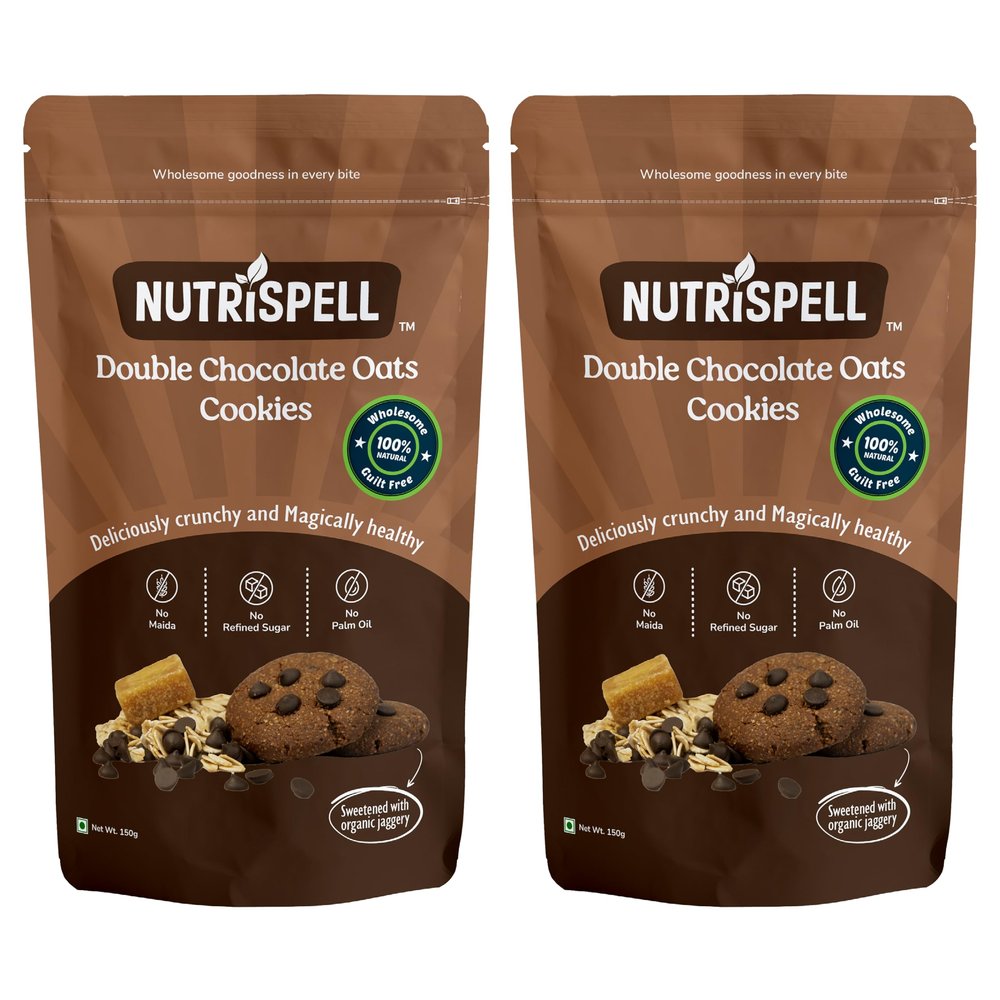 Nutrispell Double Chocolate Oats Cookies, Combo pack of 2, High protein High fibre Biscuits, No Maida, No sugar, No preservatives, Oats & Jaggery Cookies, 2 * 150g
