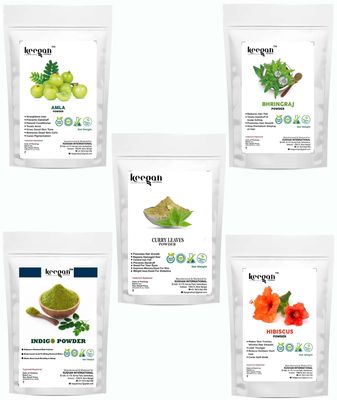 Keegan Herbal Natural and Pure Amla Powder,Bhringraj Powder,Curry Leaves Powder,Indigo Powder,Hibiscus Powder For Hair Care | (50gmx5)