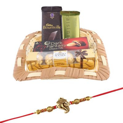 SFU E Com Cadbury Chocolate & Dark Fentasy With Rocher Combo | Rakhi Chocolate for Brother | Ganesh ji Rakhi With Chocolates | Roli, Chawal, Chandan, Misri | 514