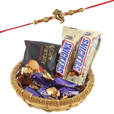 SFU E Com Happy Treat Combo | Rakhi Chocolate for Brother | Ganesh ji Rakhi With Chocolates | Roli, Chawal, Chandan, Misri | 1134