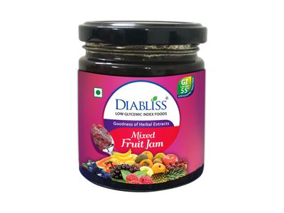 Diabliss Low GI Mixed Fruit Jam Fresh Fruits & Diabliss Low GI Sugar with 17 Herbs | Glucose Friendly Spread for Toast & Chapathi | Healthy Natural Taste | Trusted in 3 Continents | 225g Bottle