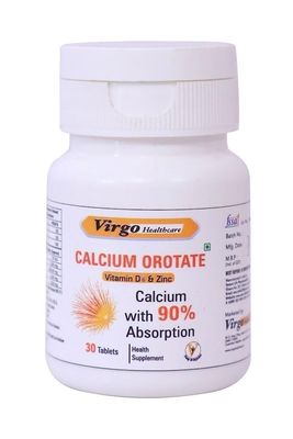 Virgo Healthcare's Calcium Orotate (90% absorption) + Vitamin D3 + Zinc Tablets :For Optimal Bone Health & Joint Support - 30 Count (Women and Men)