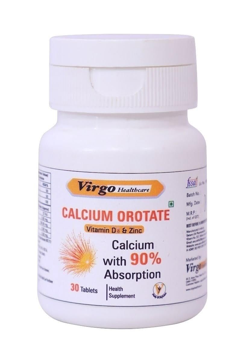 Virgo Healthcare's Calcium Orotate (90% absorption) + Vitamin D3 + Zinc Tablets :For Optimal Bone Health & Joint Support - 30 Count (Women and Men)