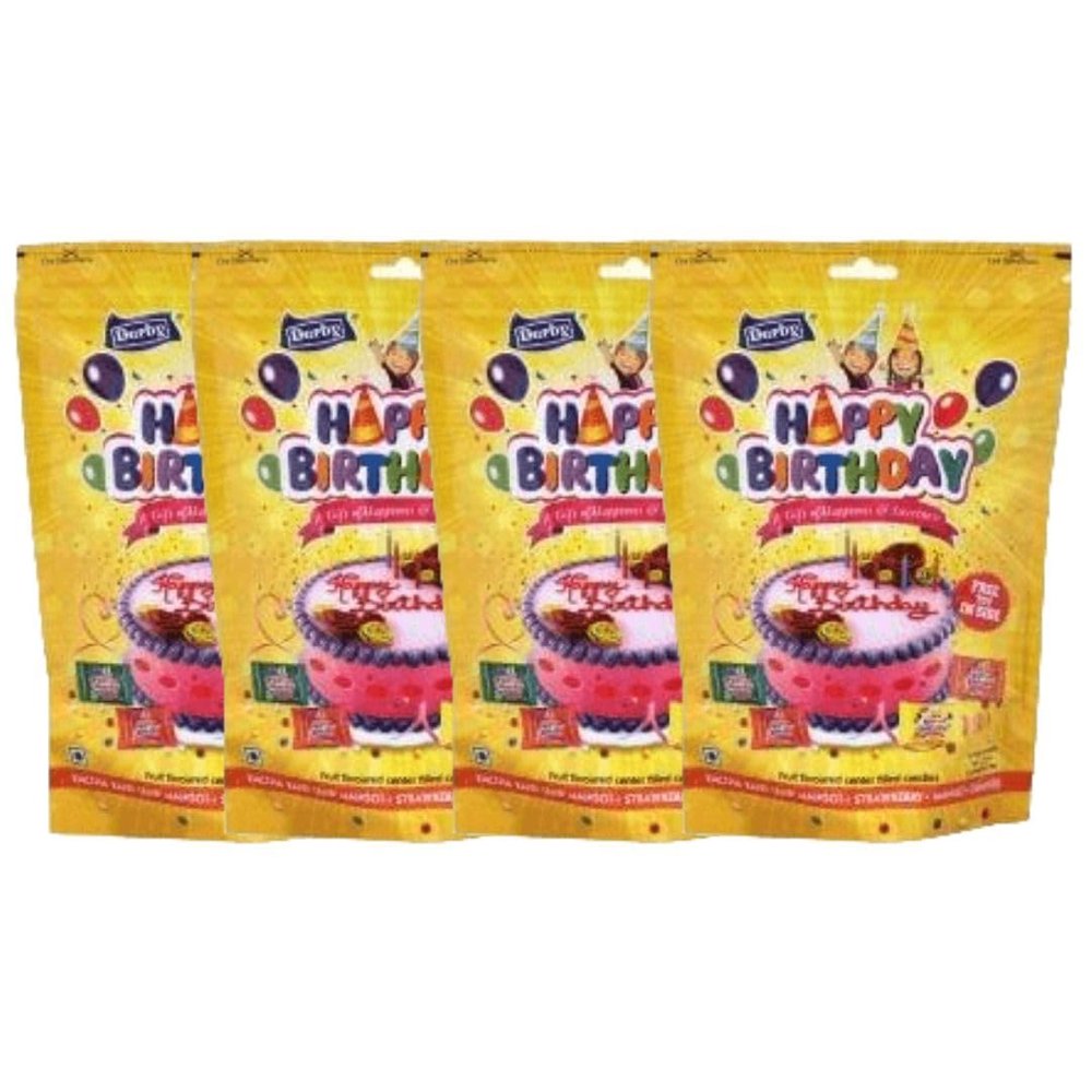 Derby Happy Birthday Mango Candy Pack Of 4 Standy Pouch|Birthday Party|Return Gift To Your Friends & Family|Each Pack 50Pieces/ 700Gms