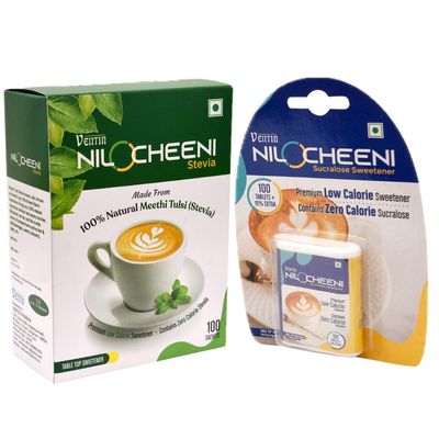 NiloCheeni Stevia 100% Natural Sweetener -100 Sachets + FREE Nilocheeni Sucralose Tablet Pack | Sugar Free | Zero Calorie | Diabetic Friendly | Vegan & Keto Friendly | 100% Safe