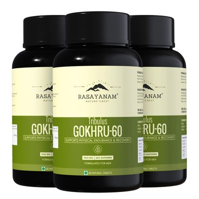 Rasayanam Tribulus Gokhru-60 | 60% Saponins For Max Results | Supports Energy, Stamina, Endurance & Muscle Recovery | Daily Vitality Supplement for Men | 180 Tablets