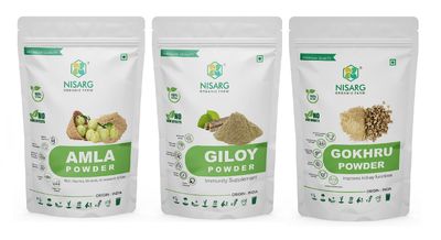 NISARG ORGANIC FARM Combo of Amla, Giloy, and Gokhru Powder I Traditional Method Made I Pure Herbal & Ayurvedic I for Immunity booster, Hair Growth, Face & Skin Care Overall Health & Wellness (500gm)