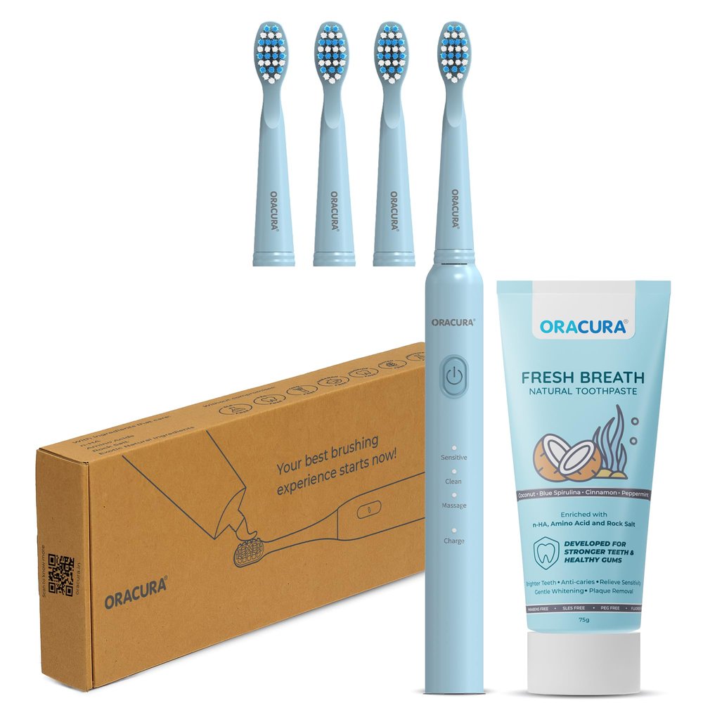 ORACURA SB200 Blue Smart Sonic Toothbrush for Men & Women + Smart Sonic Electric Tooth Brush with 3 Brush Heads + Fresh Breath Natural Toothpaste (Coconut & Blue Spirulina)