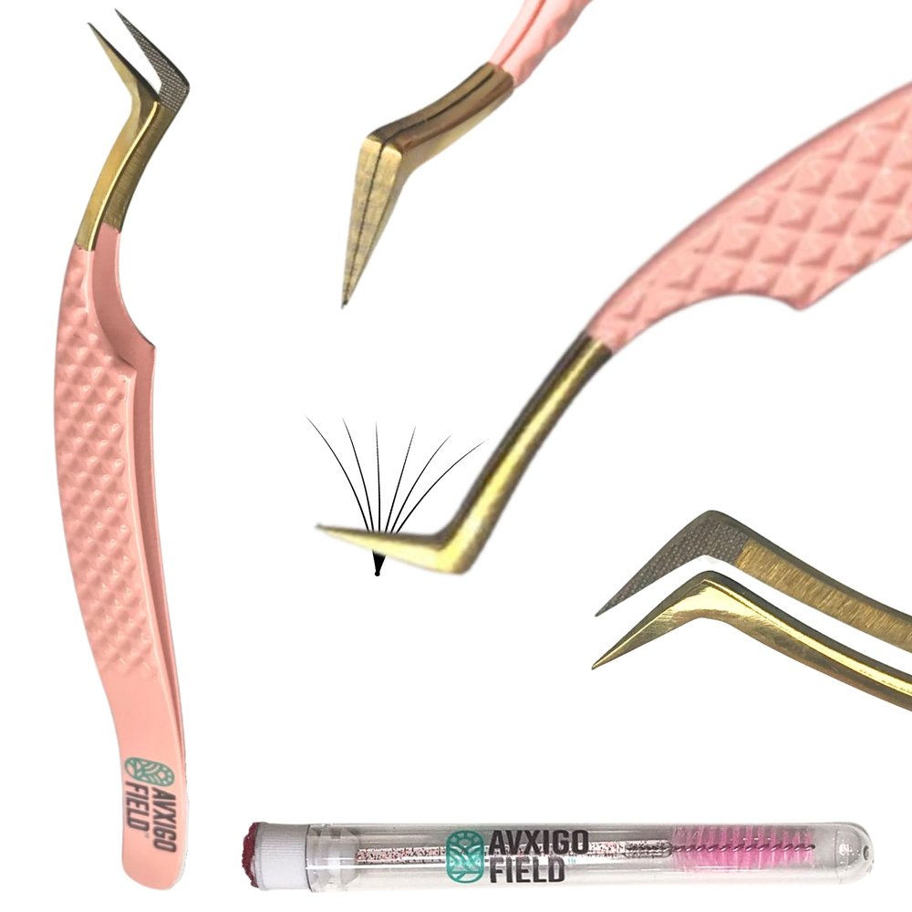 AVXIGO FIELD Professional S-Curved Precision Tweezer for Eyelash Extensions (Baby Pink), Diamond Grip Fiber Tip Lash Tweezer Stainless Steel - Complete with Mascara Brush, Storage Box and Tube Case
