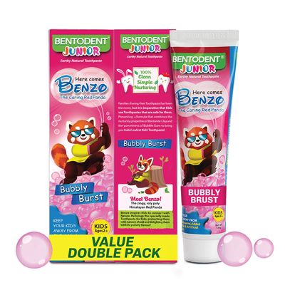 BENTODENT TOOTHPASTE 100% Natural Bubble Gum Twin Toothpaste, Fluoride Free, Sls Free, Complete Oral Care Protection For Kids, Fresh Breath, Best Toothpaste For Kids 2+ Years 100G Each