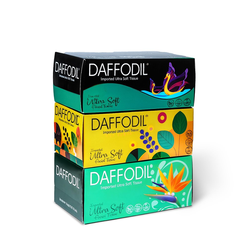 DAFFODIL 2Ply Facial Tissue Carton Pack of 3 Boxes (200 Pulls/Box Total 600 Pulls, 1200 Sheets) Soft and Durable Tissue Papers,Convenient for Home or Car Use