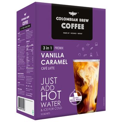 Colombian Brew Coffee Vanilla Caramel Caf Latte Instant Coffee Powder Premix 3 in 1-8 Sachets Box- Soluble Coffee for Hot & Cold Drinks