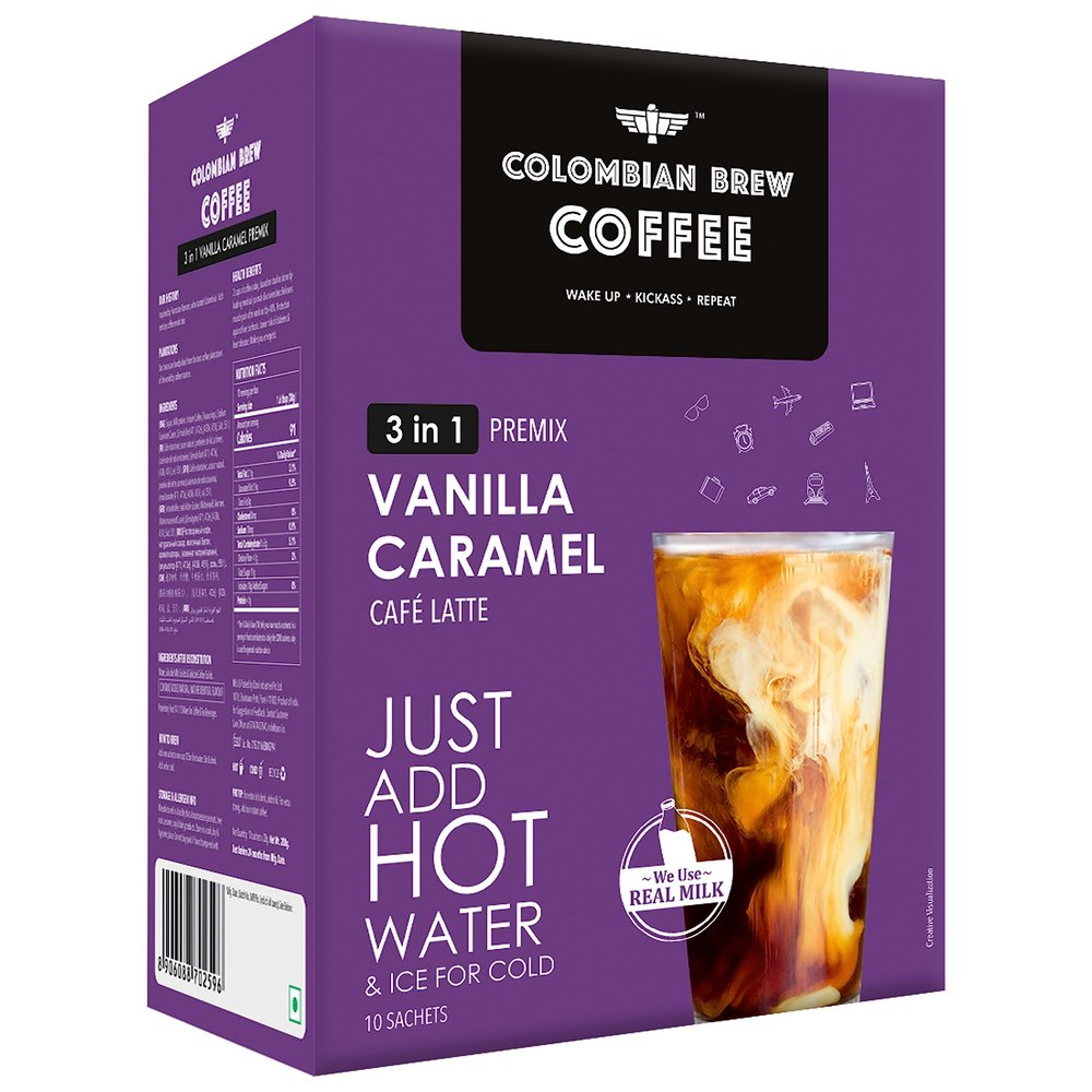 Colombian Brew Coffee Vanilla Caramel Caf Latte Instant Coffee Powder Premix 3 in 1-8 Sachets Box- Soluble Coffee for Hot & Cold Drinks