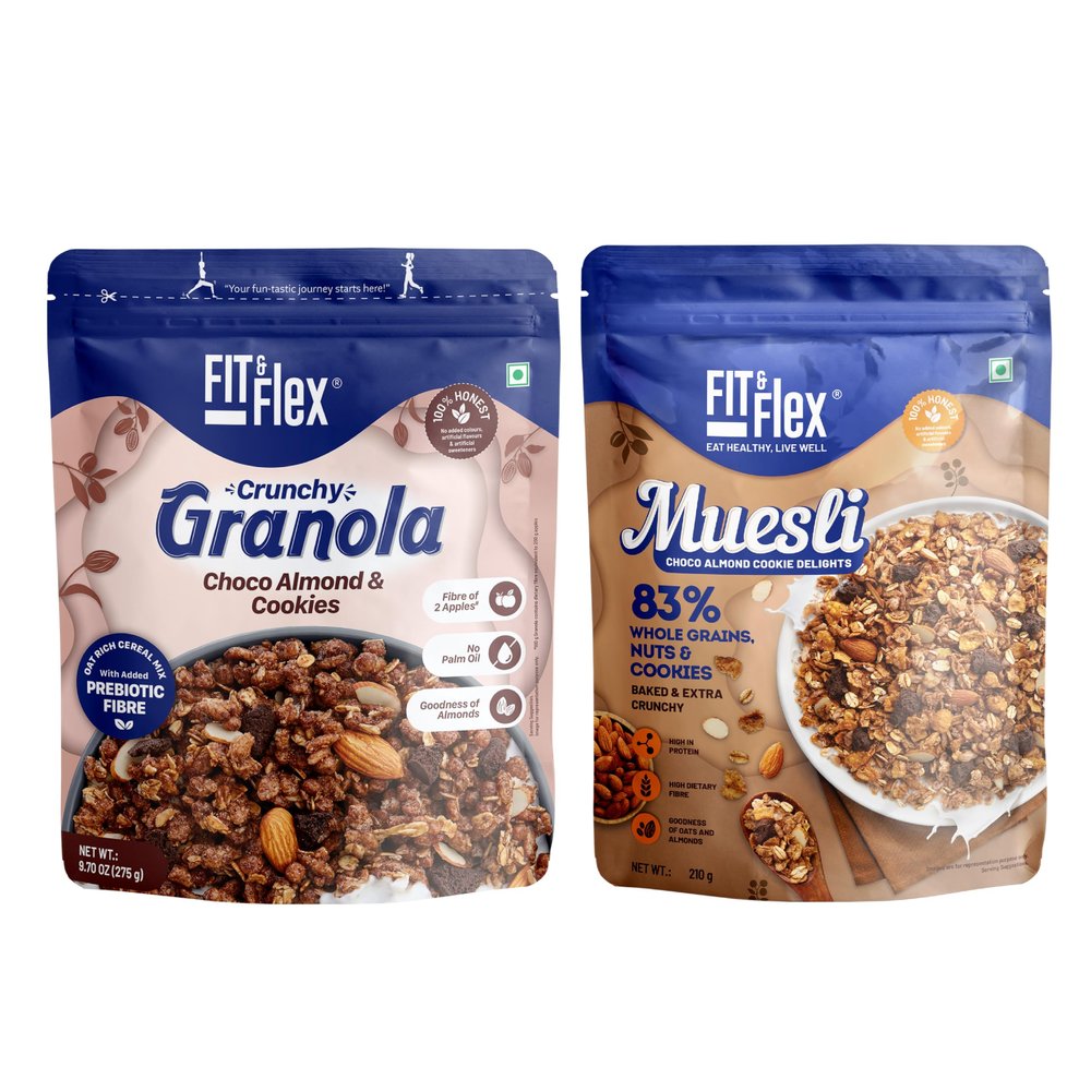 FIT & FLEX Baked Crunchy Choco Almond Cookie Granola (275 g) And Choco Almond Cookie Muesli (210 g) - As Seen on Shark Tank India - 485 g (Breakfast Combo Pack of 2)